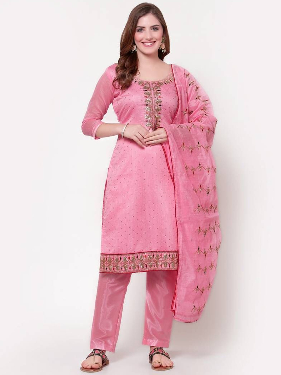 

RUDRAA FAB Floral Embroidered Chanderi Silk Unstitched Dress Material, Pink