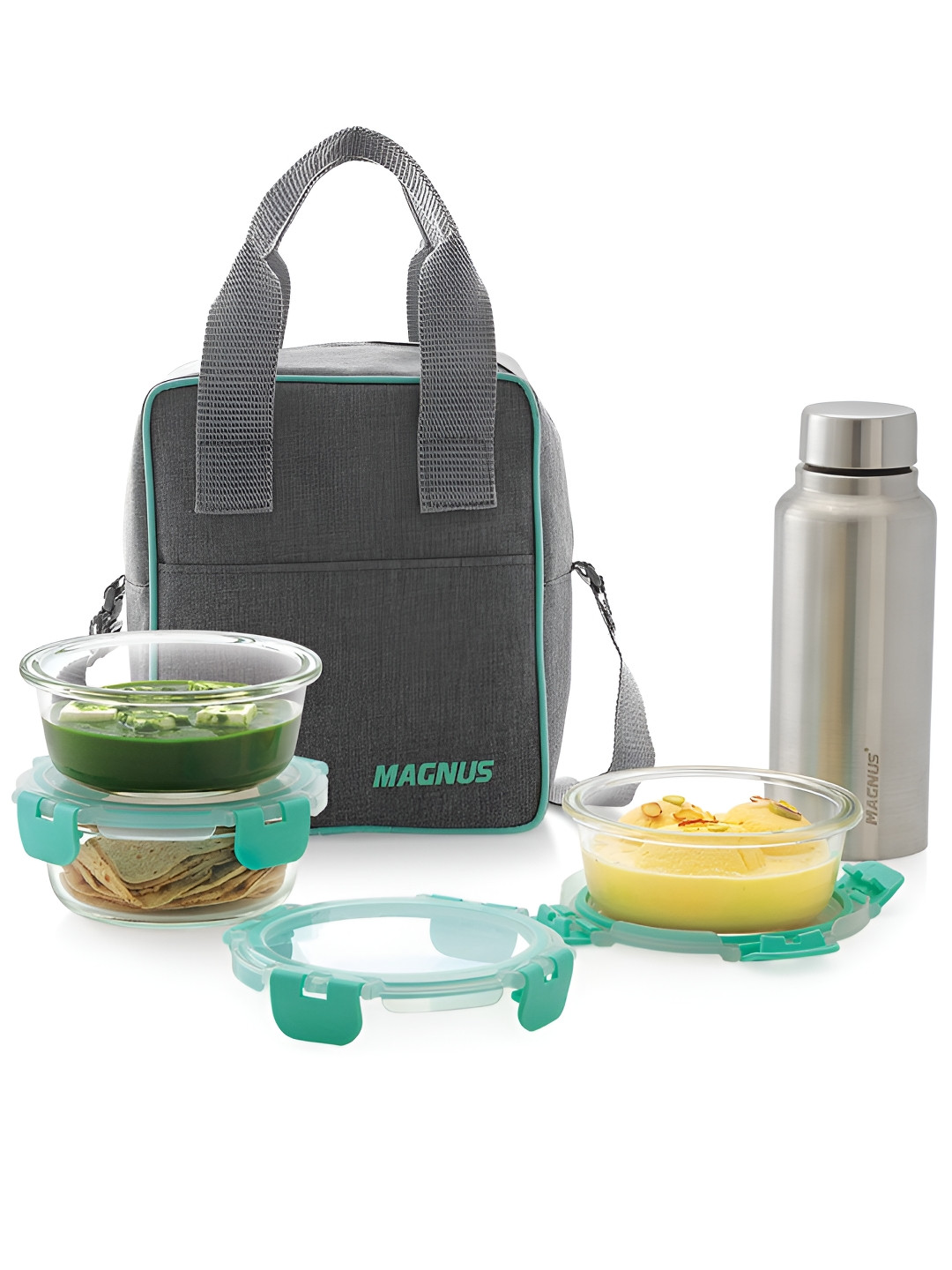 

Magnus Glock Linen 1900ml Glass Lunch Box,3 Round Borosilicate Container,1 SS Bottle & Bag, Green