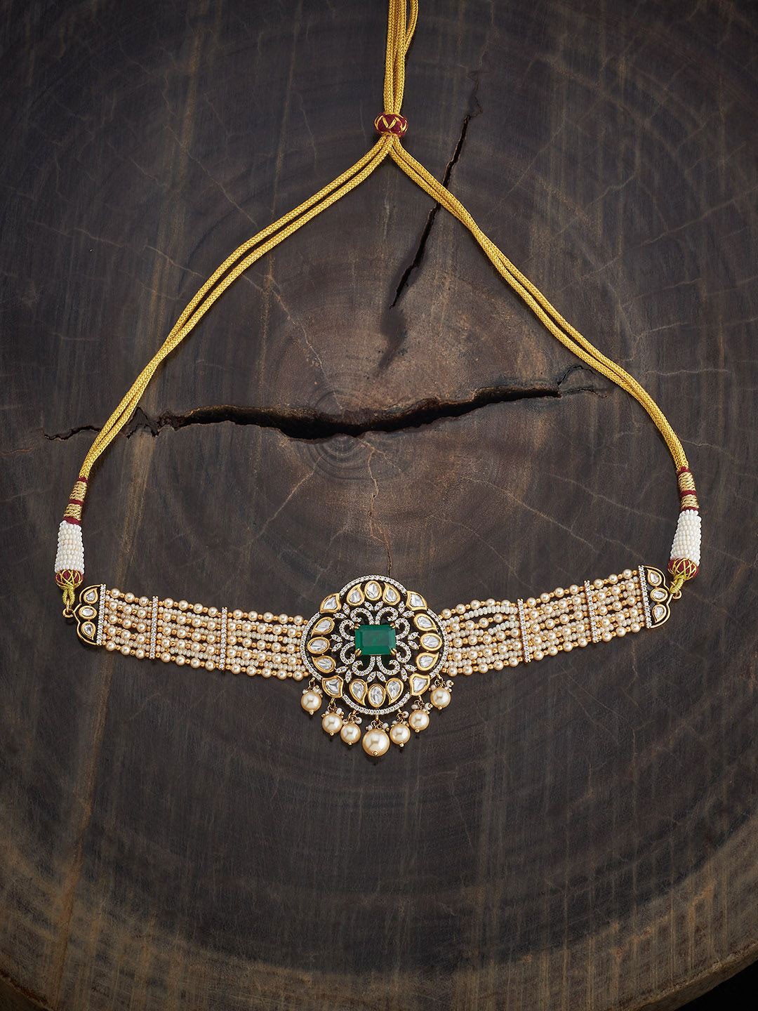

Kushal's Fashion Jewellery Copper Green Victorian-Plated Kundan Necklace, Gold
