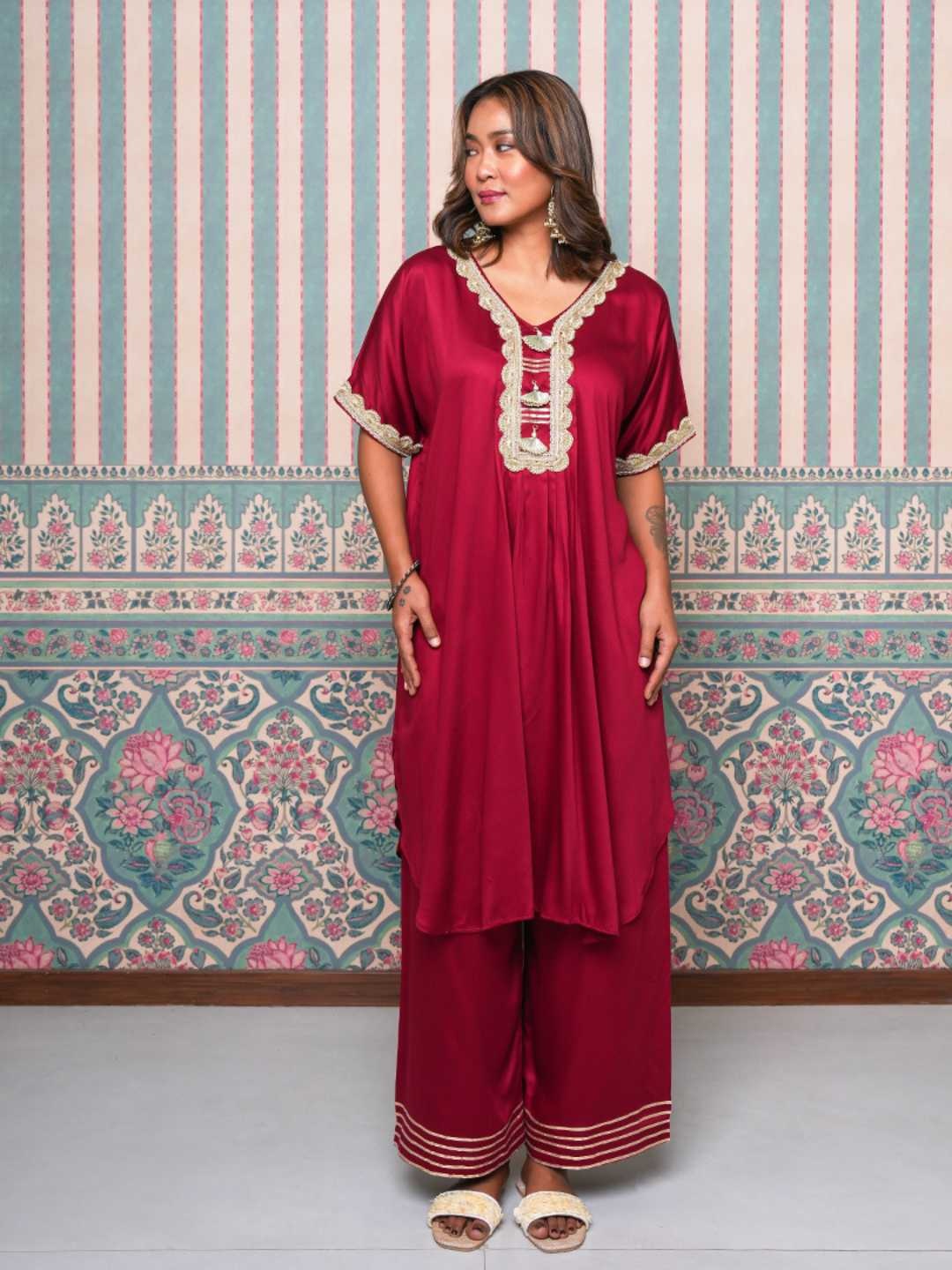 

Label Ishnya Women Regular Kurta with Palazzos, Maroon
