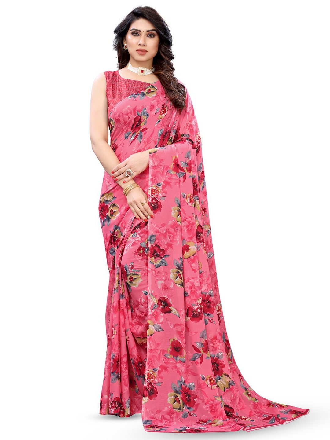 

HERE&NOW Floral Poly Georgette Saree, Pink