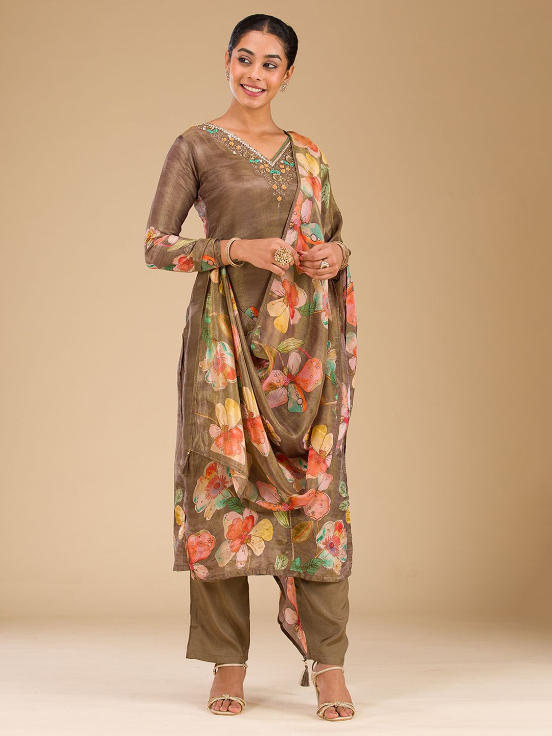 

Koskii Floral Printed Beads and Stones Tissue Straight Kurta with Trousers & Dupatta, Brown