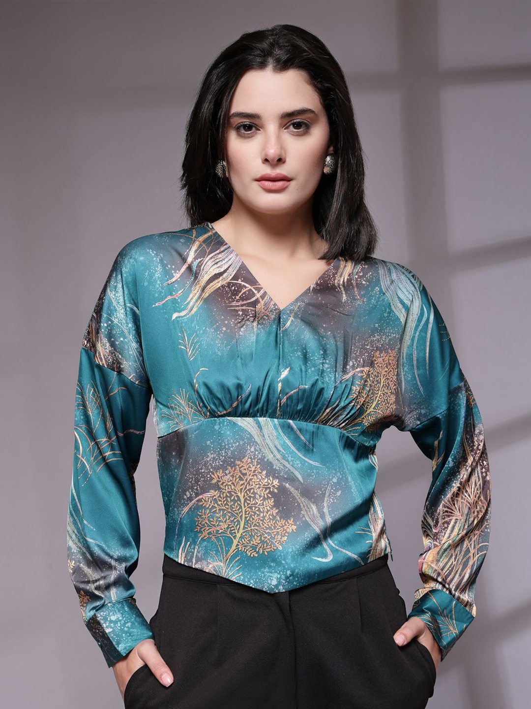 

KASSUALLY Embellished Print Top, Teal