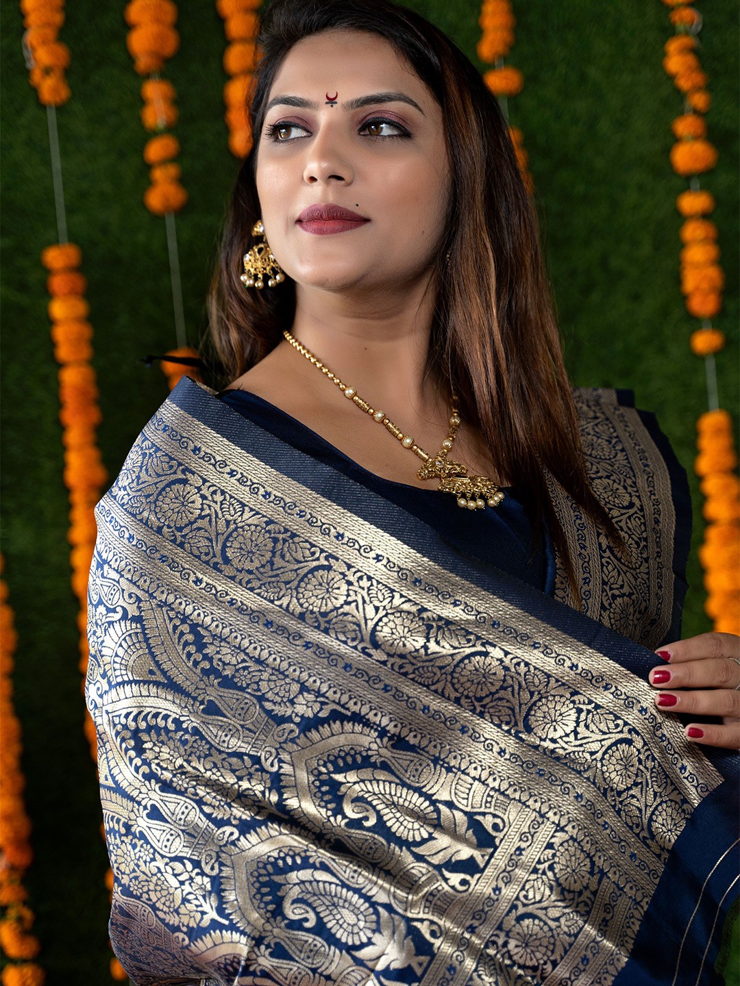 

Kandora Polka Dots Woven Design Zari Pure Silk Banarasi Saree, Navy blue