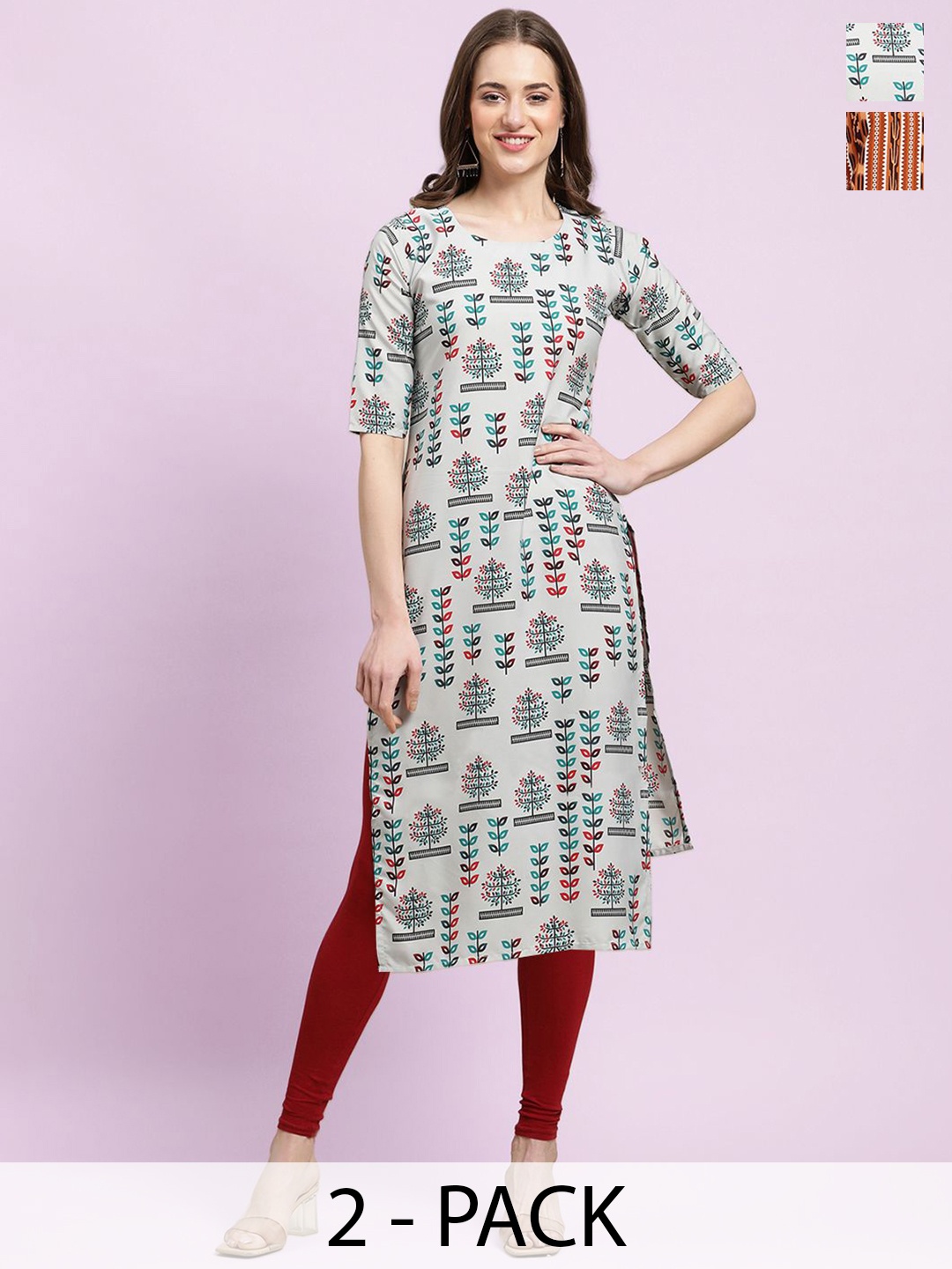 

Moda Rapido Grey & Brown Selection Of 2 Ethnic Motifs Printed Straight Kurtas