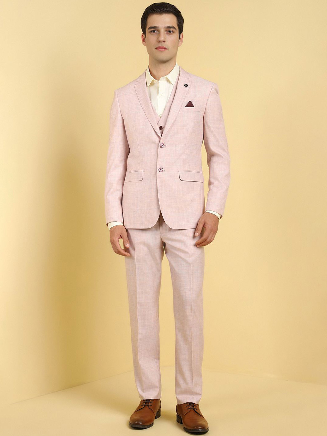 

Allen Solly Men Checked Slim Fit Single-Breasted Three Piece Formal Suit, Pink