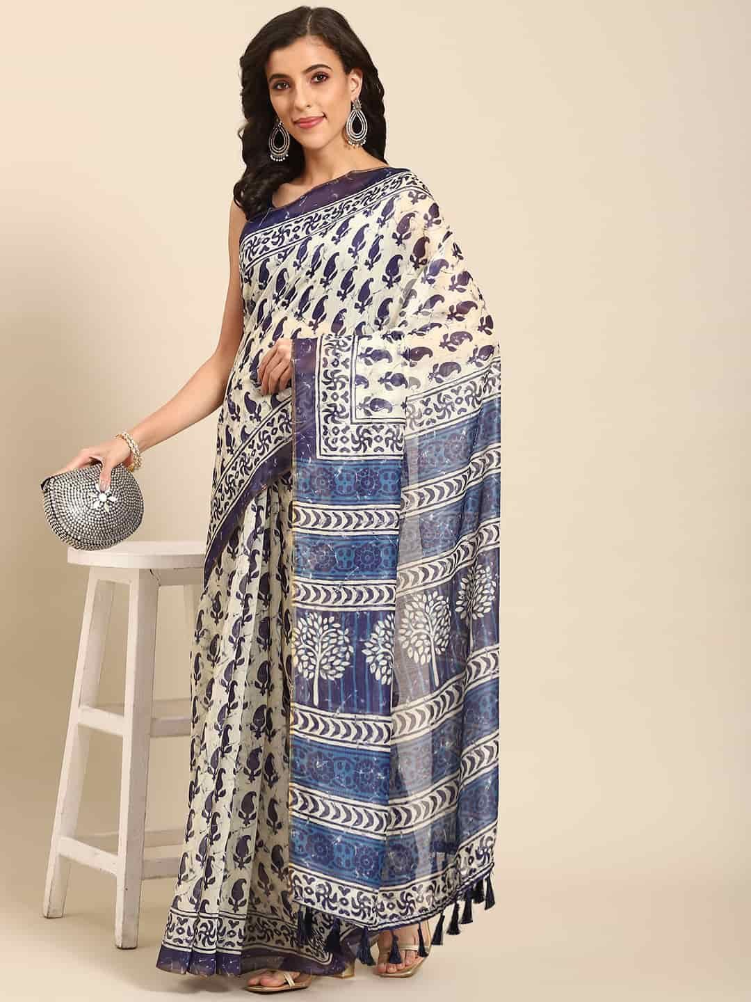 

DIVASTRI Digital Printed Kalamkari Chanderi Cotton Saree With Tassels, Beige