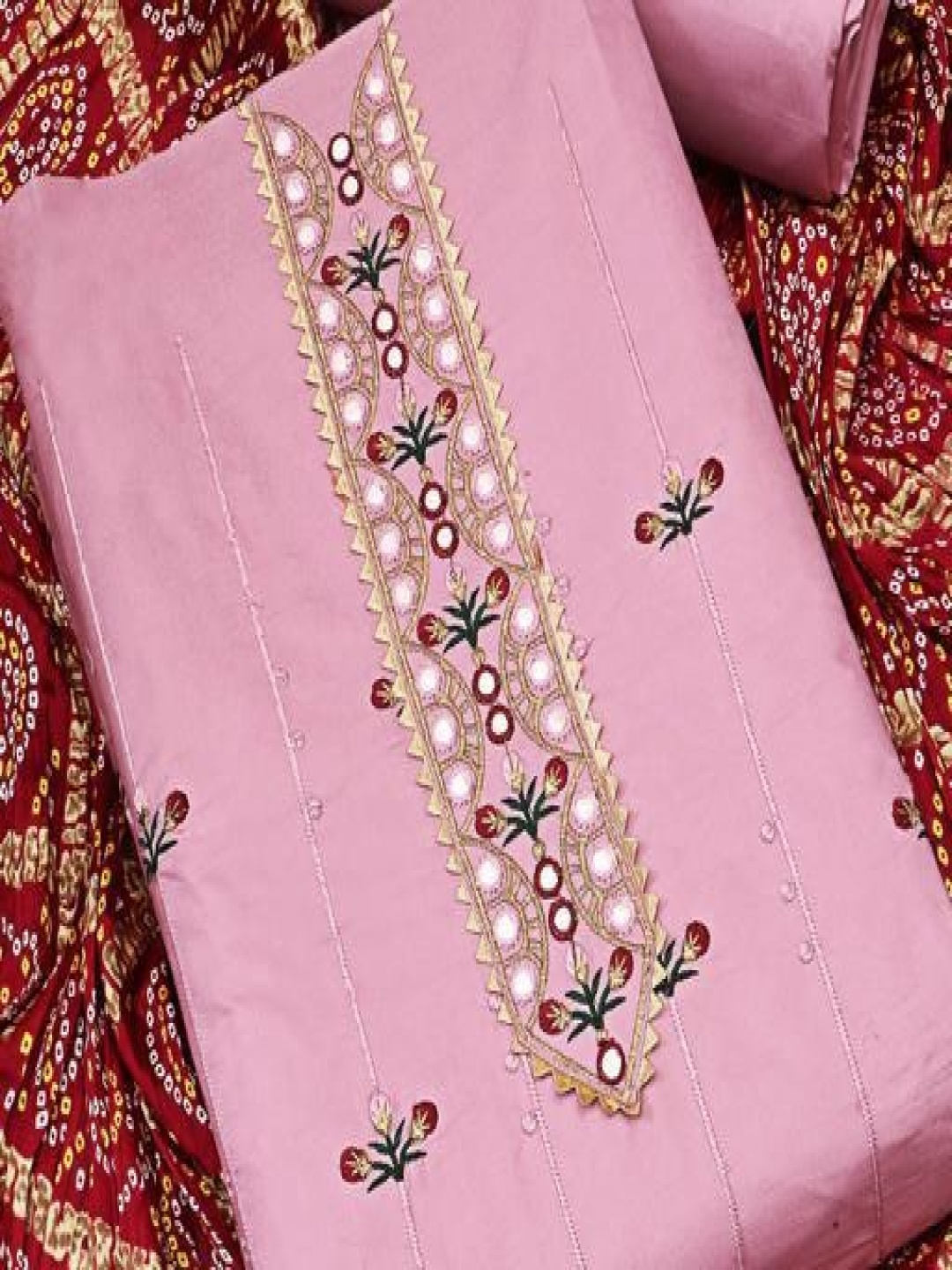 

TRYSTON Floral Embroidered Cotton Blend Unstitched Dress Material, Pink