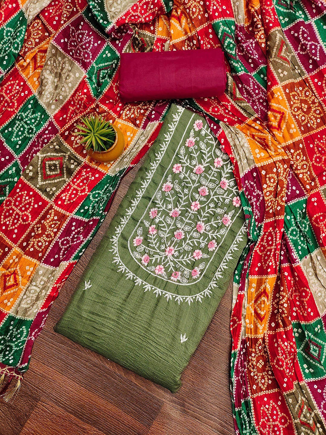 

KALINI Embroidered Unstitched Dress Material, Green