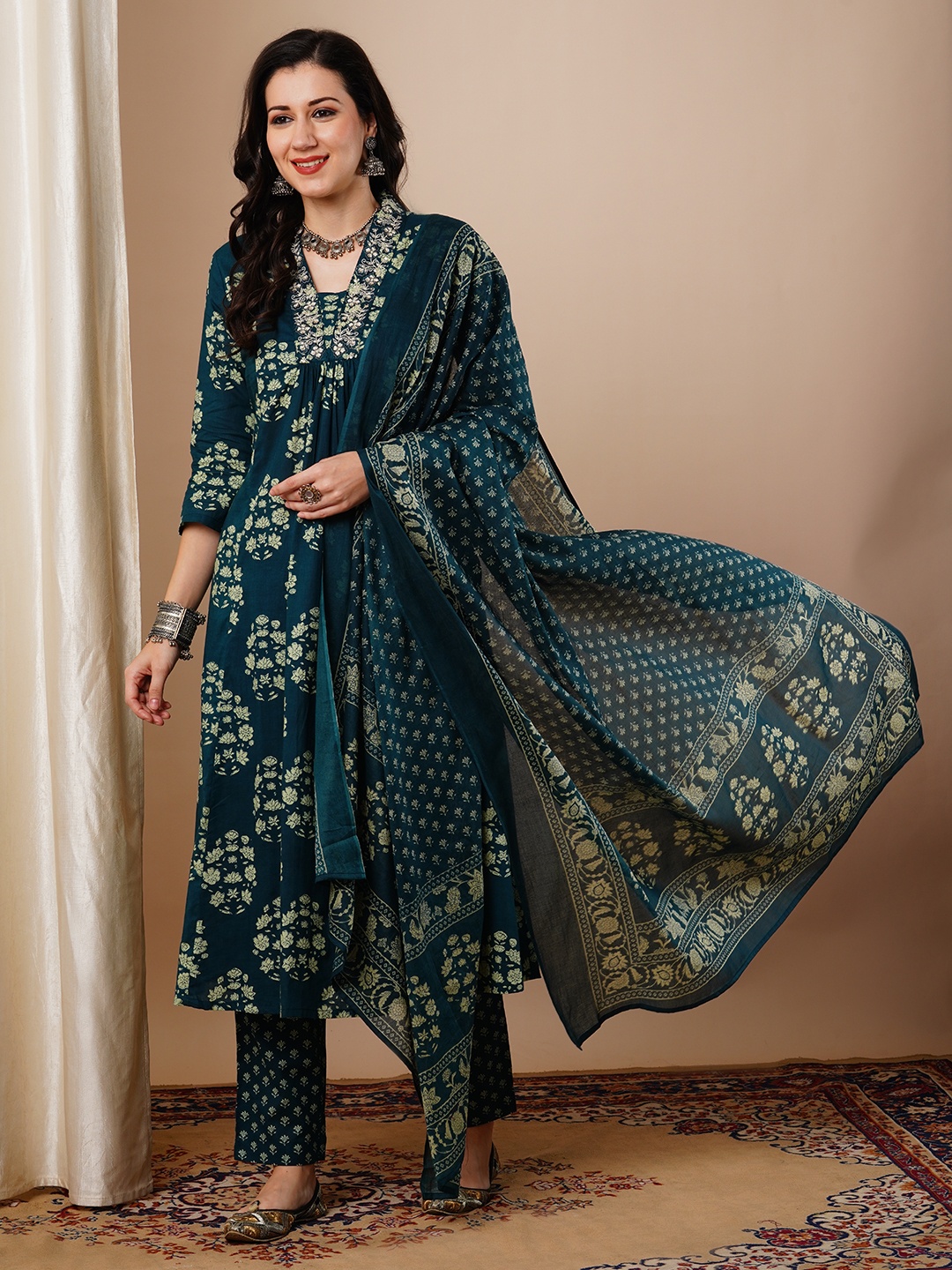 

FASHOR Women Ethnic Motifs Printed Panelled Sequinned Pure Cotton Kurta with Trousers & With Dupatta, Teal