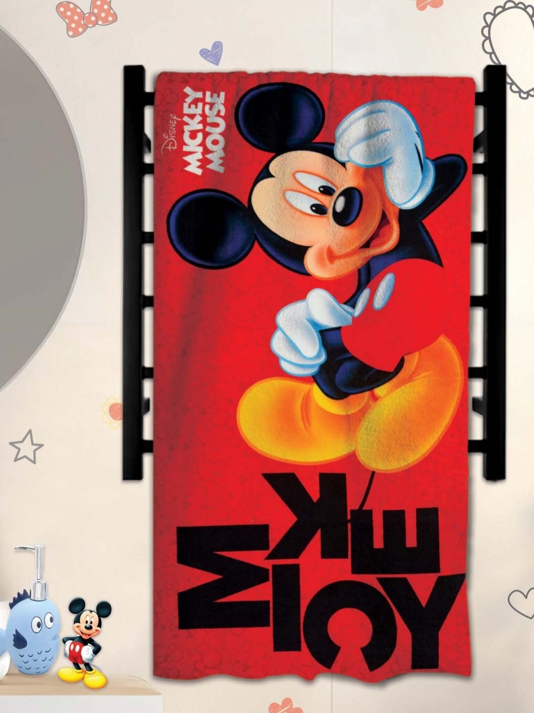 

Athom Living Red & Black Mickey Mouse Printed Cotton 350 GSM Bath Towel