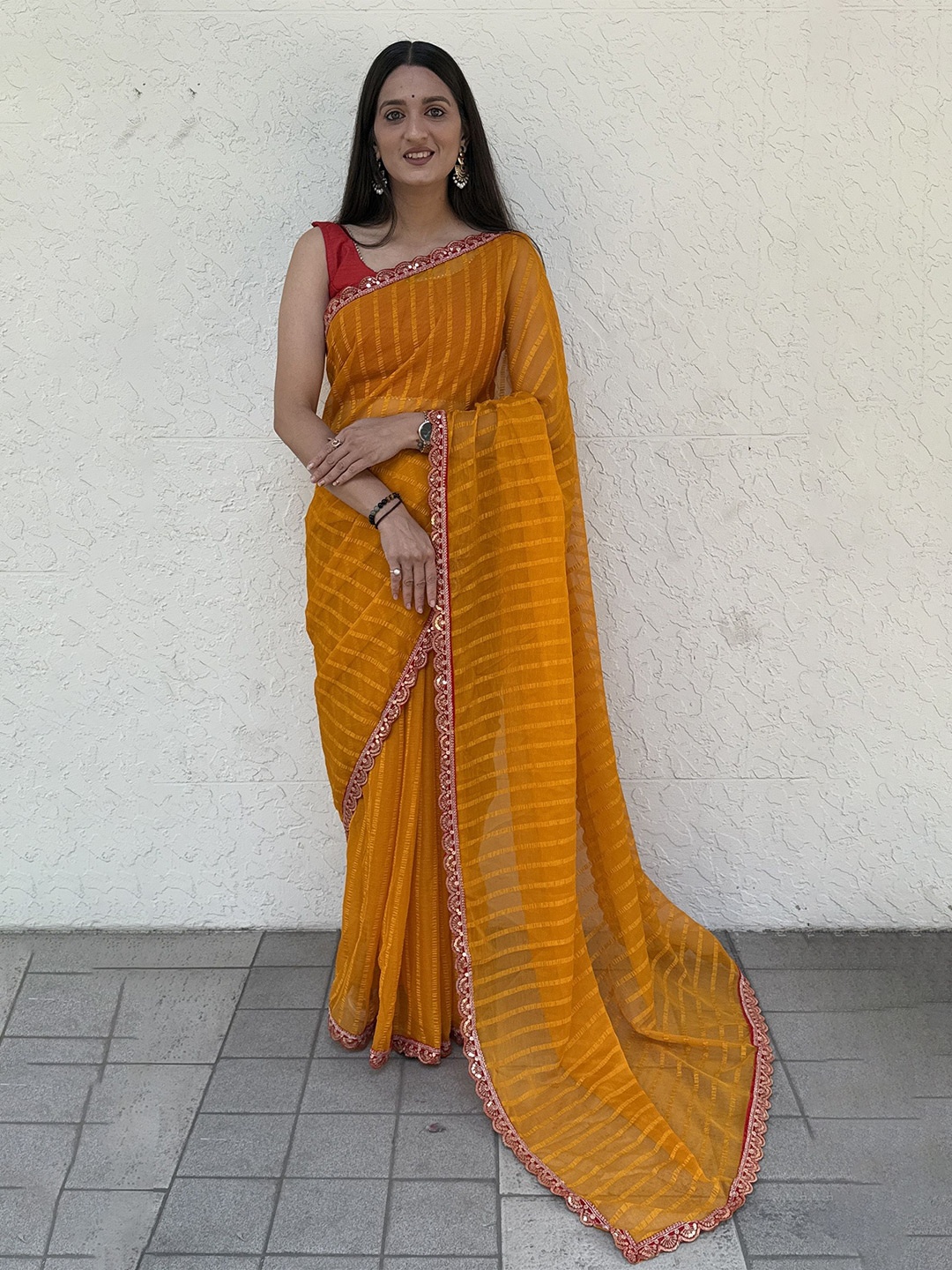 

JULEE Striped Sequinned Pure Chiffon Saree, Mustard