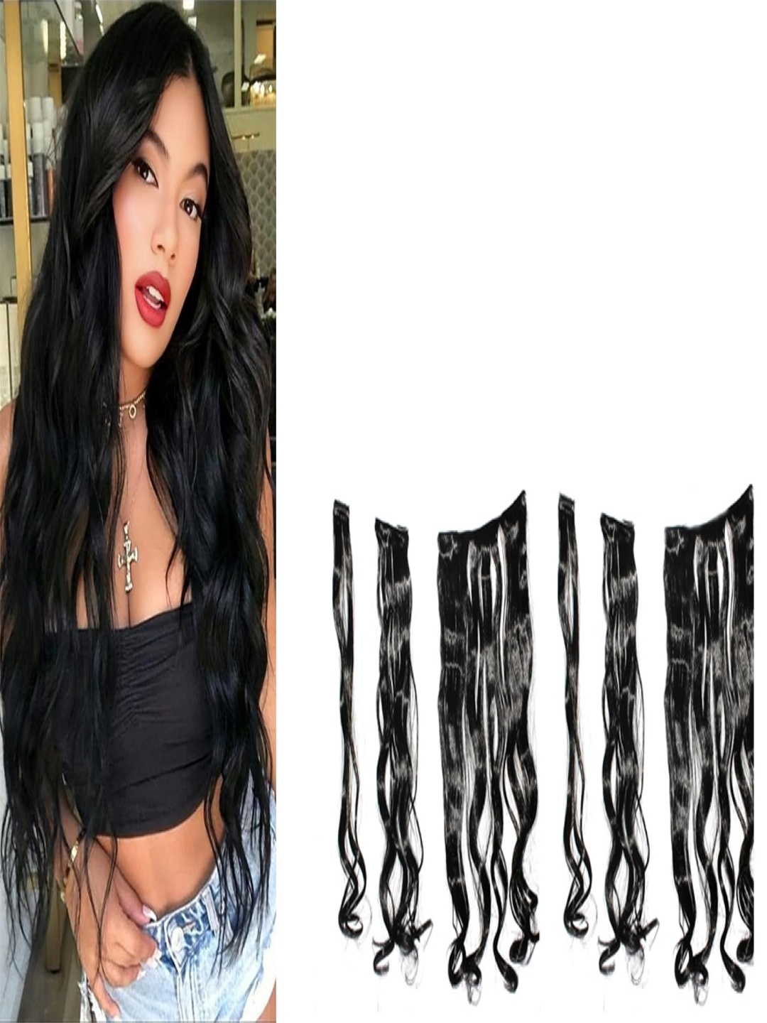 

RITZKART Set Of 6 Clip In Curly Colored Strand Hair Extension - Black - 22 Inch Each
