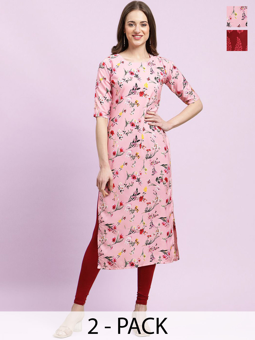 

Moda Rapido Pink & Maroon Selection of 2 Floral Printed Straight Kurtas