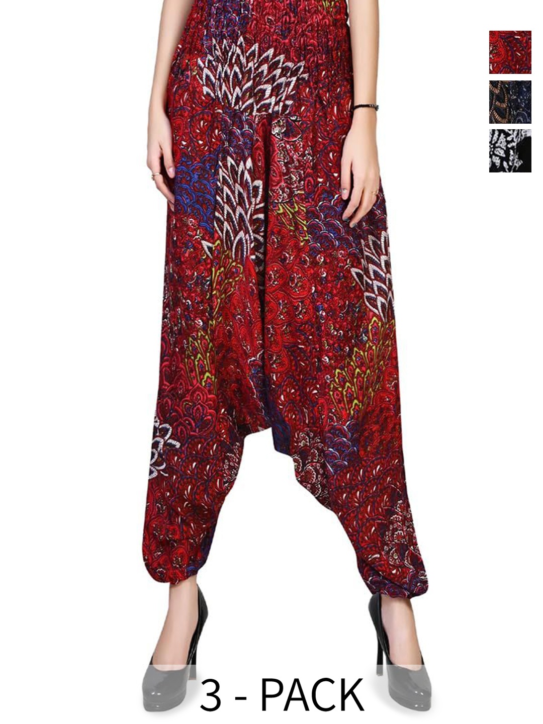 

NarNari Women Pack Of 3 Printed High-Rise Harem Pants, Red