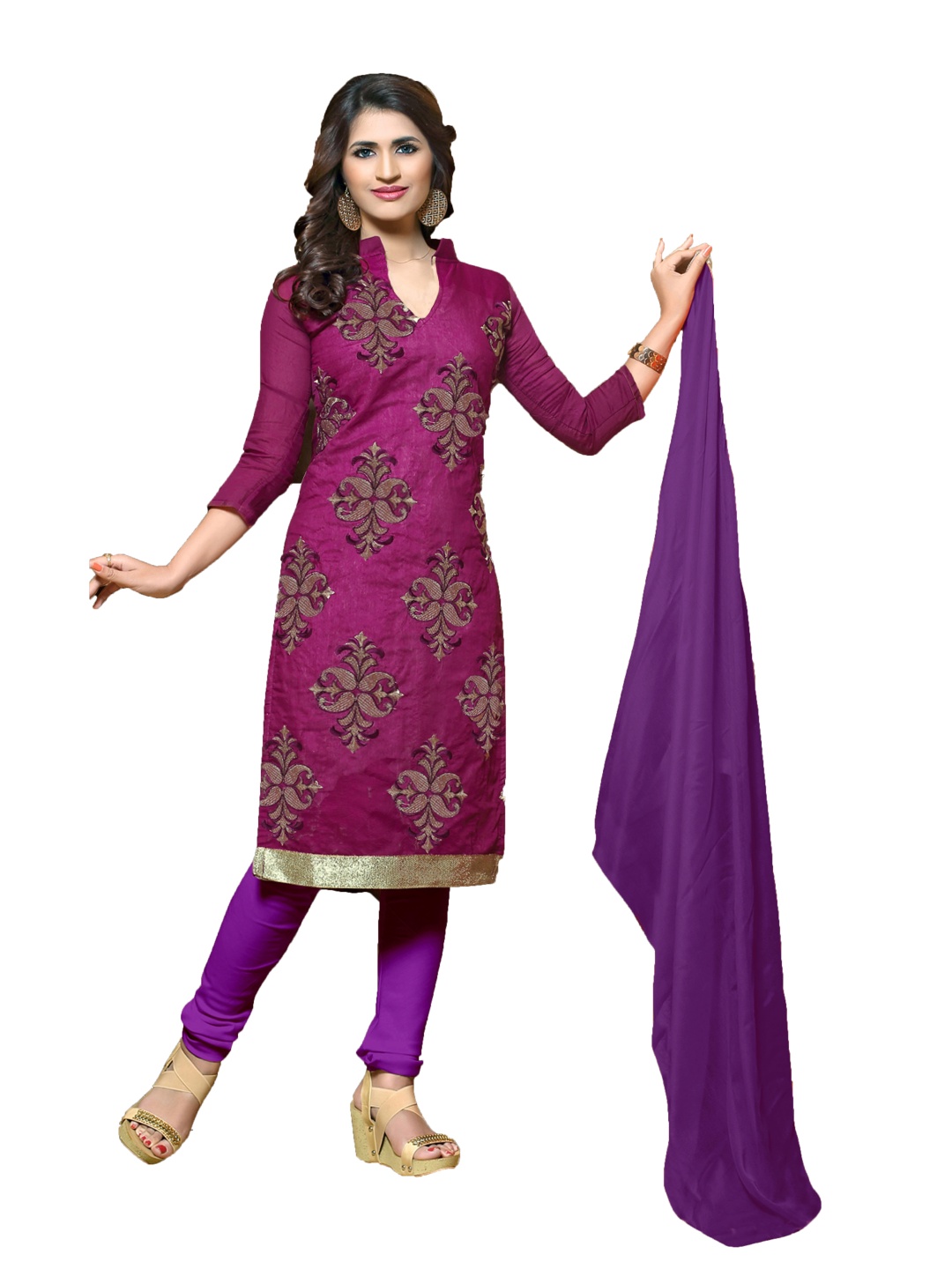 

HERE&NOW Floral Embroidered Thread Work Modal Cotton Unstitched Dress Material, Purple