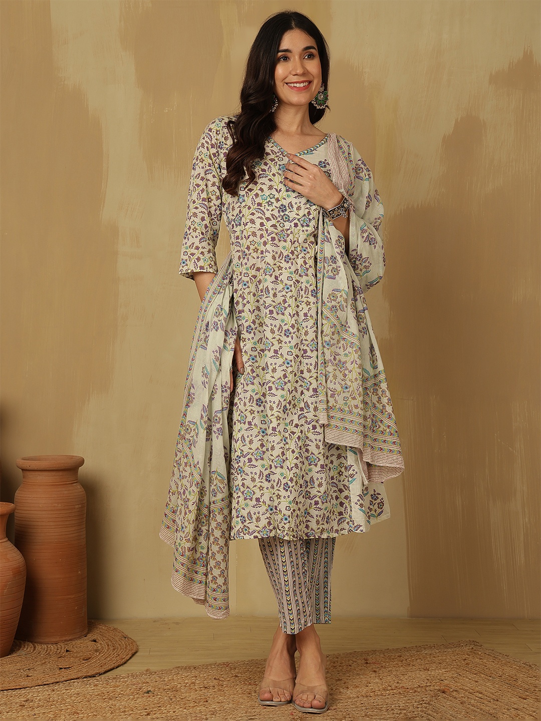 

Sangria Printed A-Line Kurta With Trousers & Dupatta, Beige