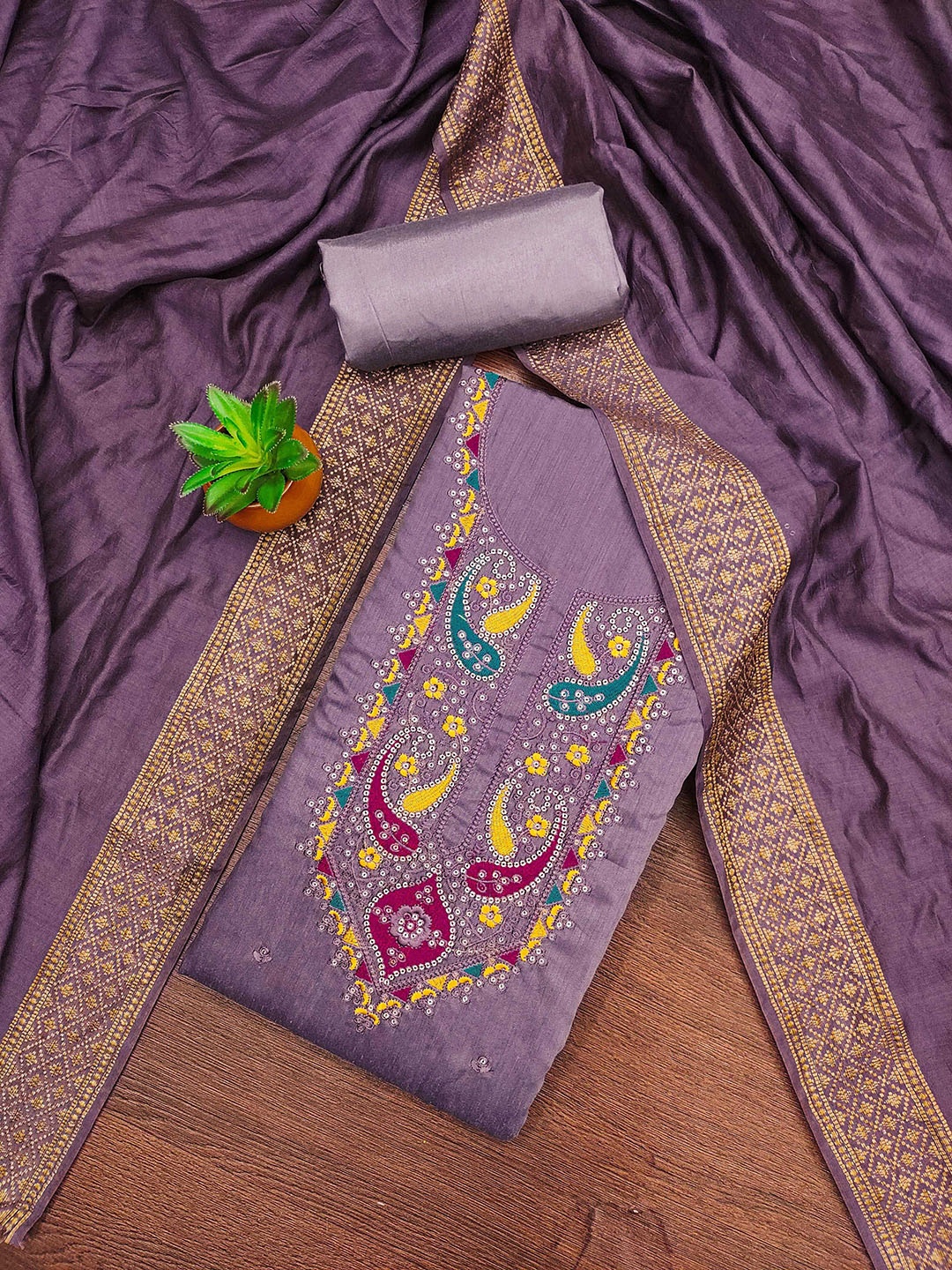

KALINI Embroidered Unstitched Dress Material, Purple