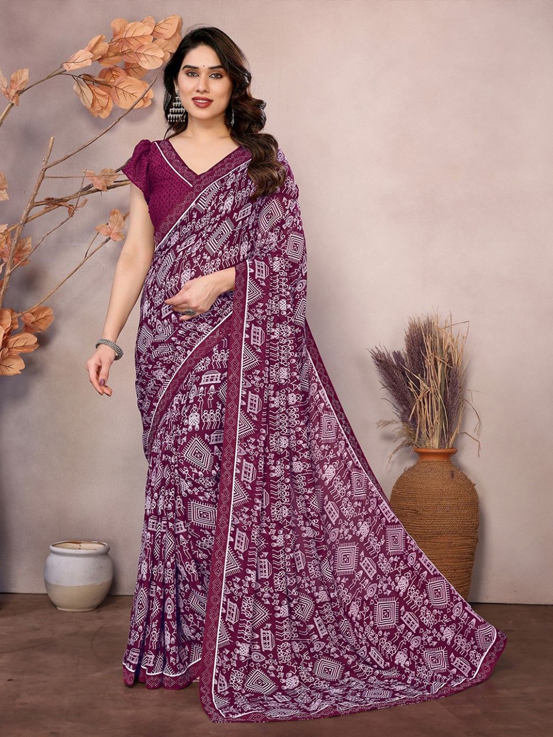 

KALINI Ethnic Motifs Poly Georgette Saree, Purple