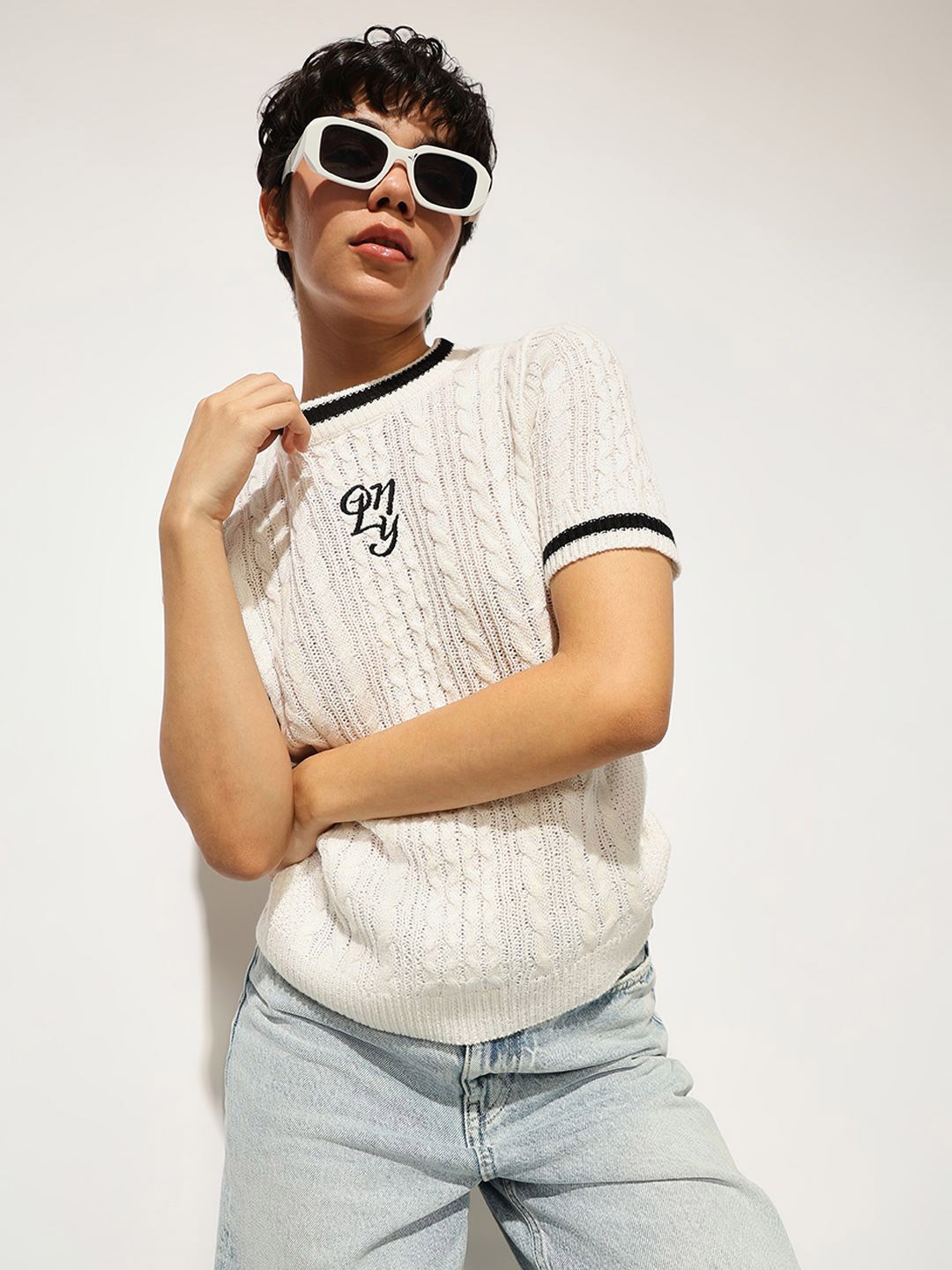 

ONLY Women Cotton Embroidered Brand Logo Top, White