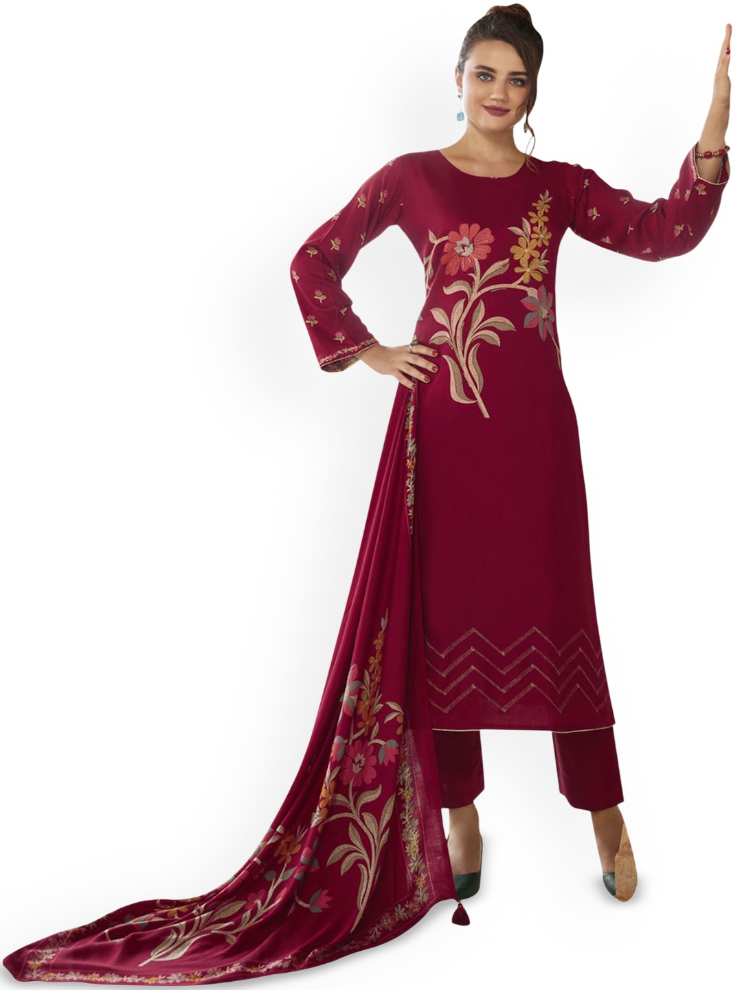 

DRAVINAM Trends Floral Embroidered Unstitched Dress Material, Maroon