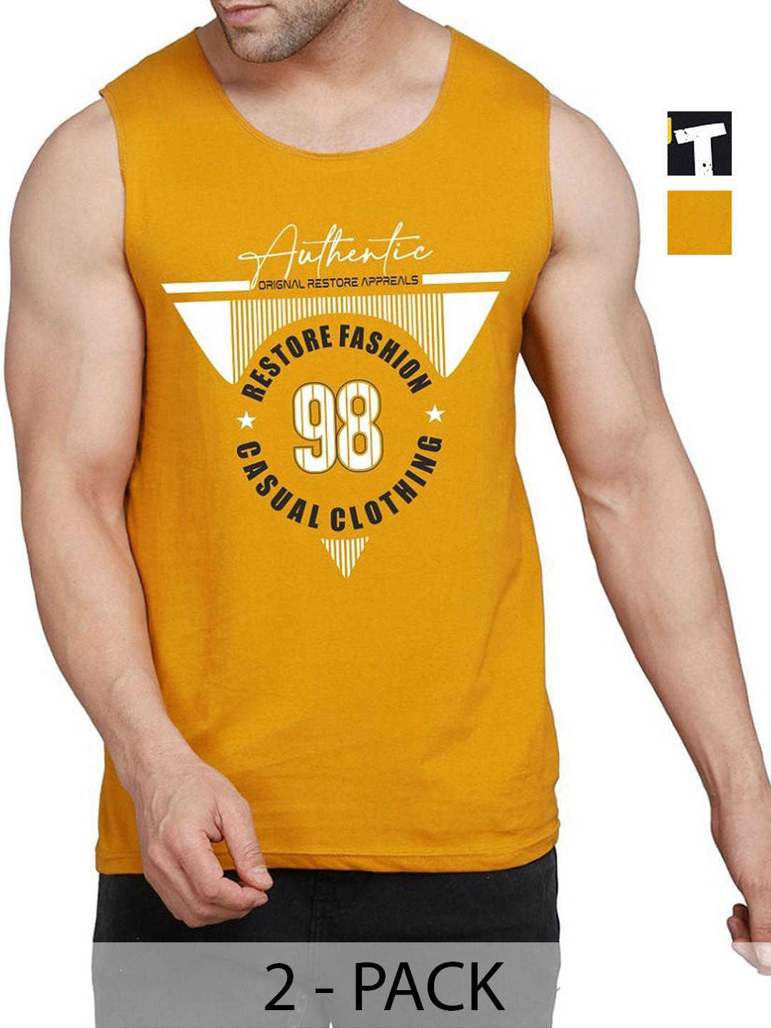 

WOOSTRO Men Pack Of 2 Typography Printed Round Neck Cotton Slim Fit T-shirts, Mustard