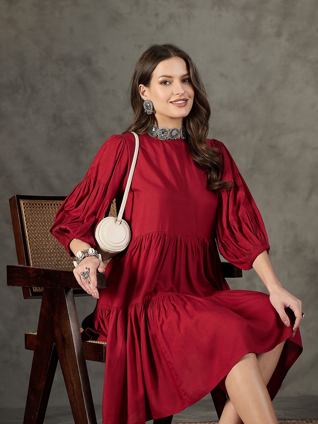 

InWeave Puff Sleeve A-Line Dress, Maroon