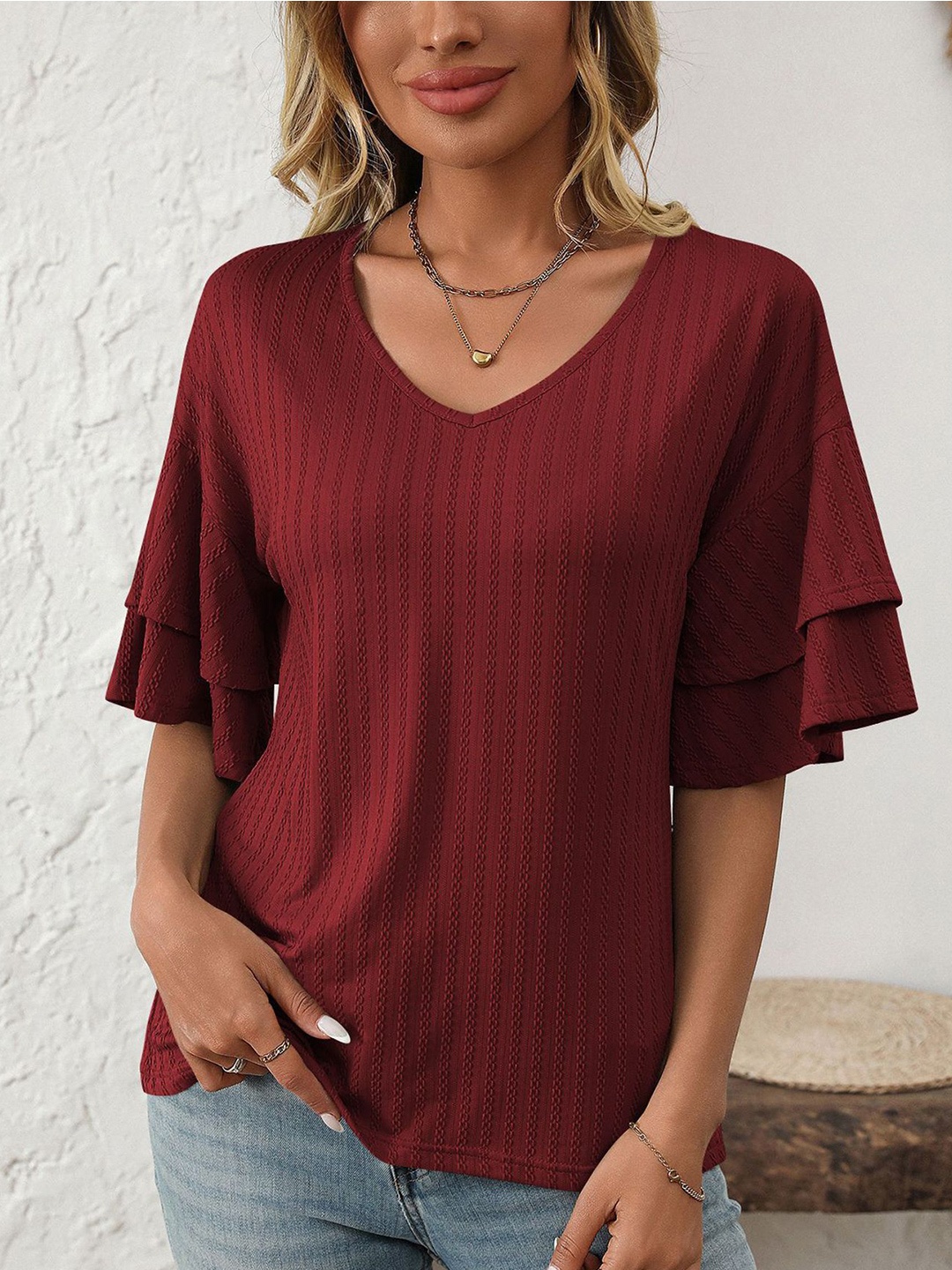 

StyleCast x Revolte Self Design V-Neck Flared Sleeves Top, Maroon