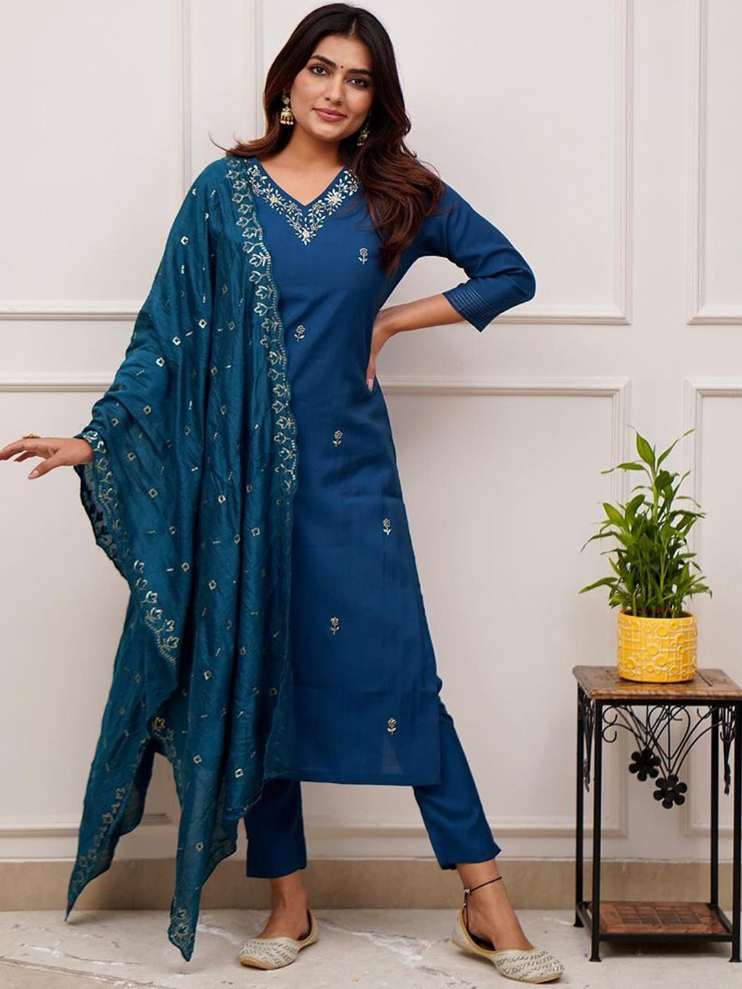 

Moda Rapido Floral Embroidered V-Neck Straight Kurta With Trousers And Dupatta, Blue