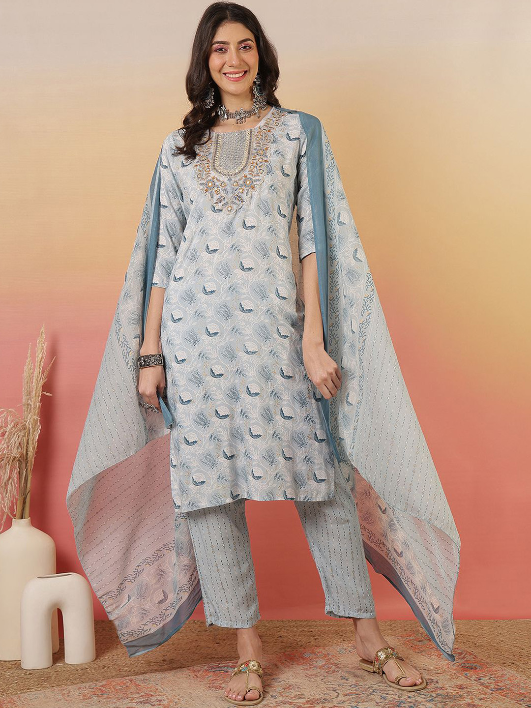 

Sangria Blue Floral Printed Embroidered Pure Cotton Straight Kurta With Trousers & Dupatta