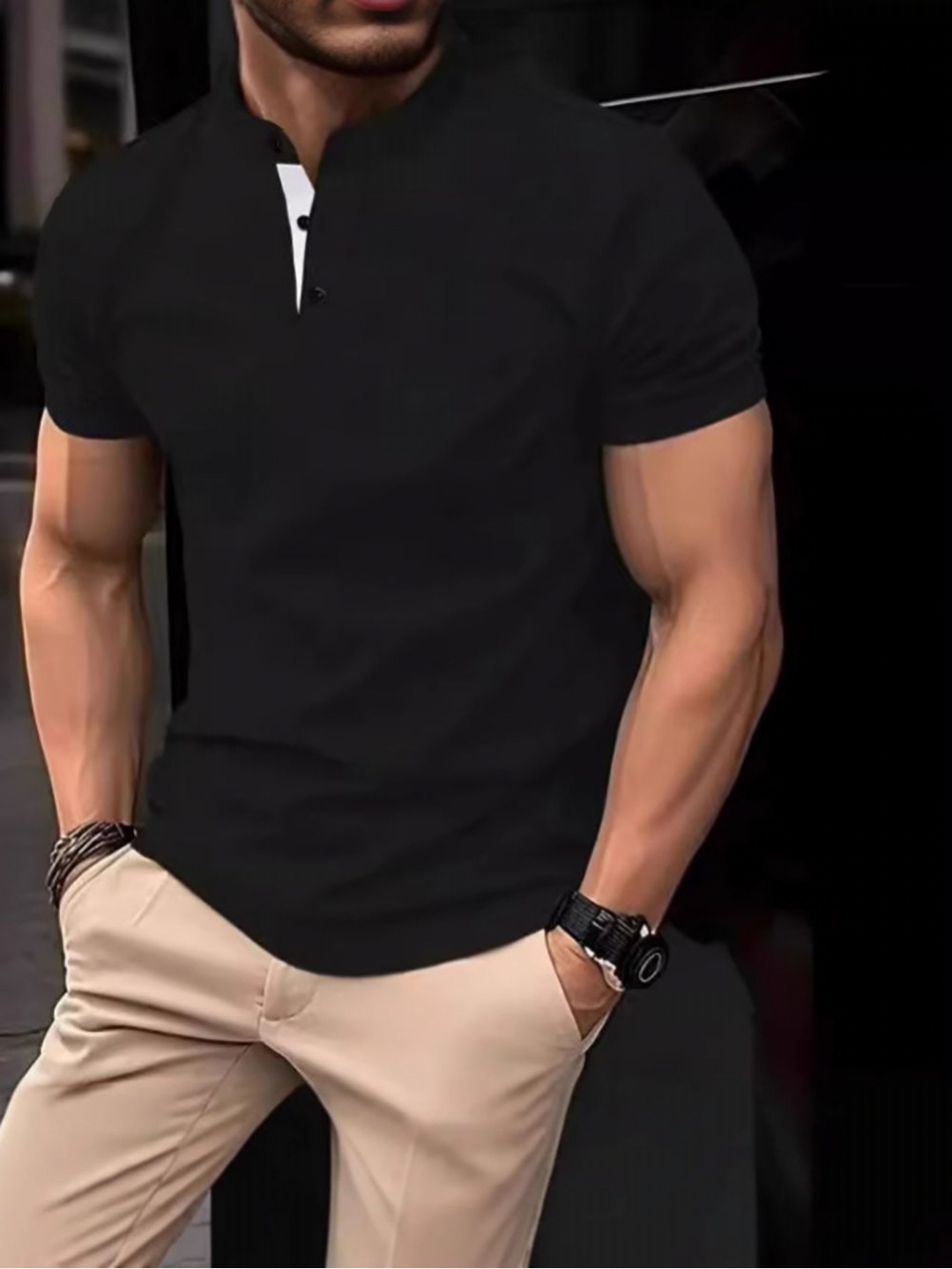 

StyleCast x Revolte Men Polo Collar Raw Edge T-shirt, Black