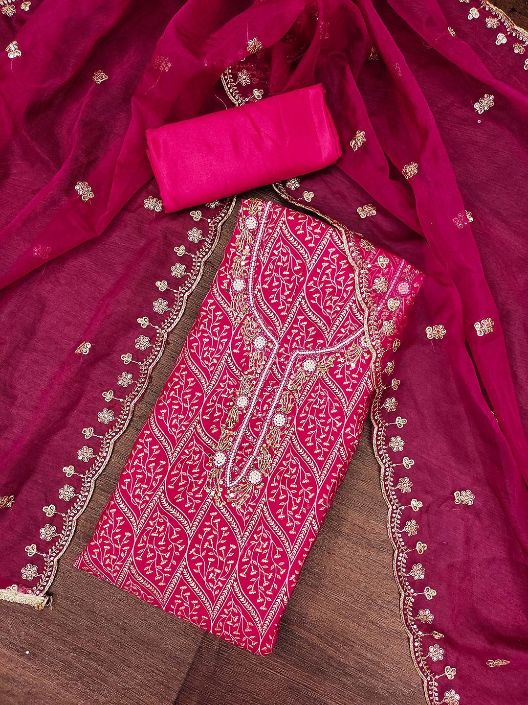 

KALINI Printed Pure Silk Unstitched Dress Material, Pink