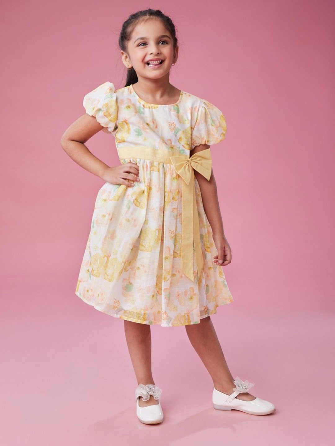 

MASTARANG Girls Bow Detailed Flare Shimmer Dress, Yellow
