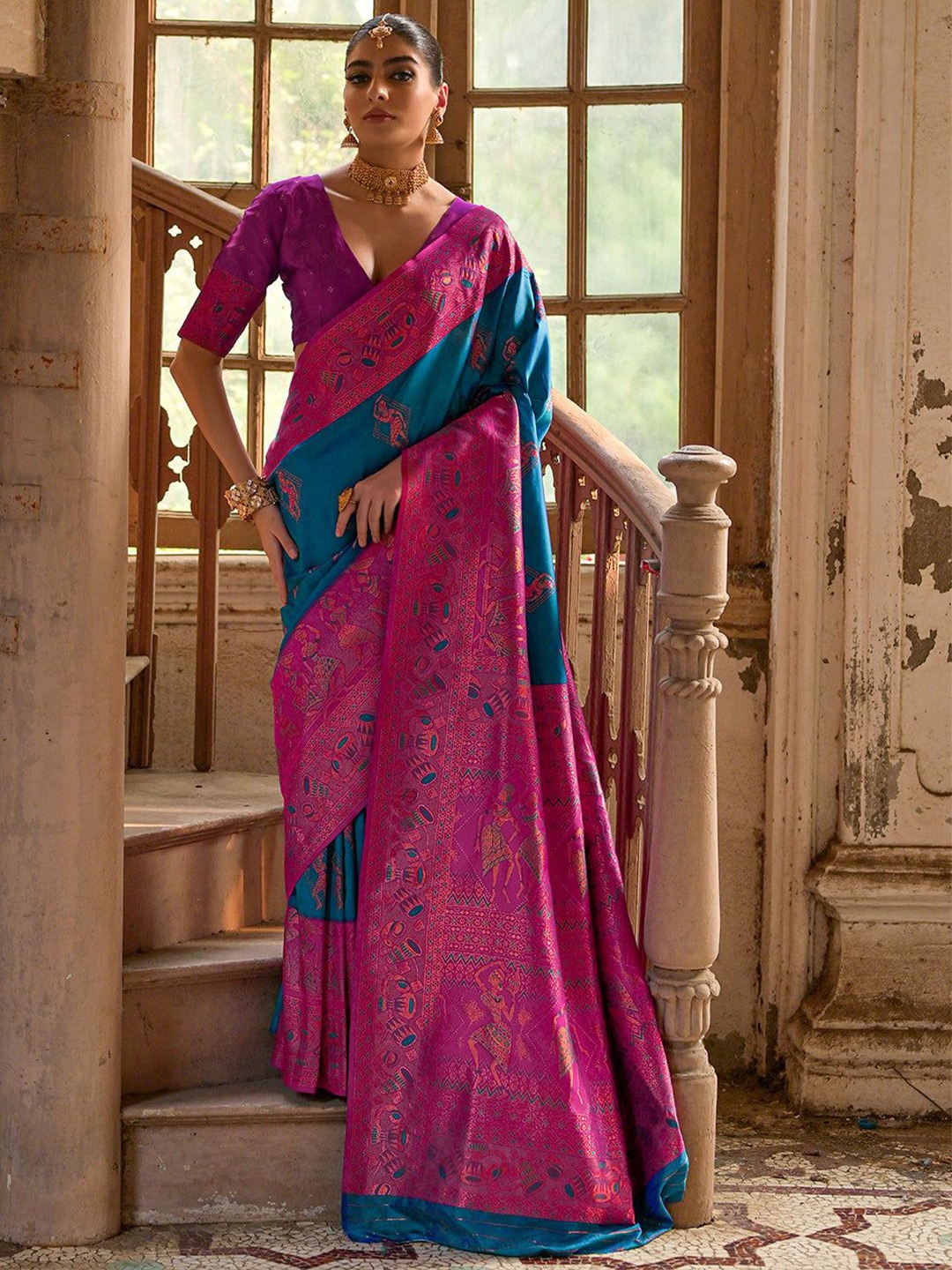 

VISHNU WEAVES Ethnic Motifs Woven Design Zari Pure Silk Banarasi Saree, Blue