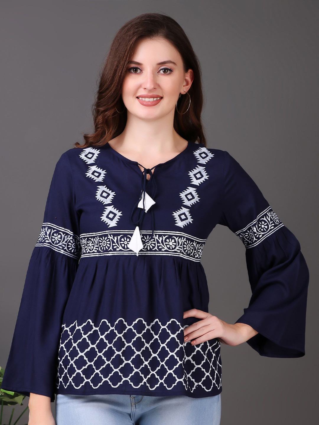 

NeeraFashion Print Tie-Up Neck Bell Sleeve Top, Blue