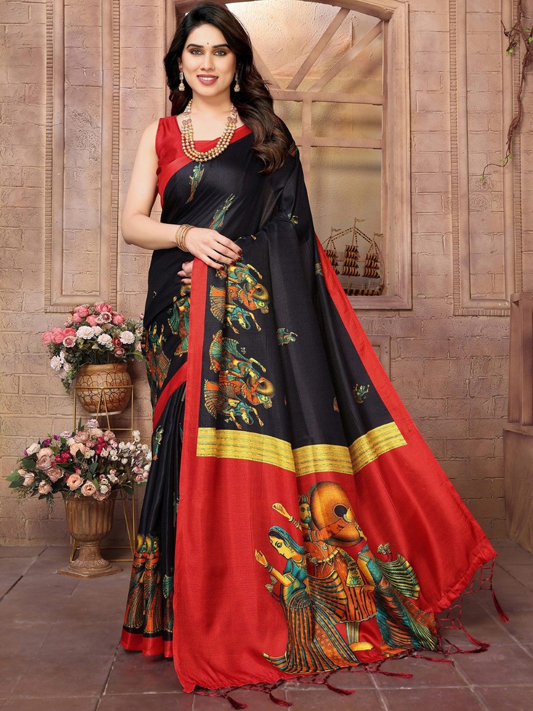 

KALINI Kalamkari Printed Saree, Black