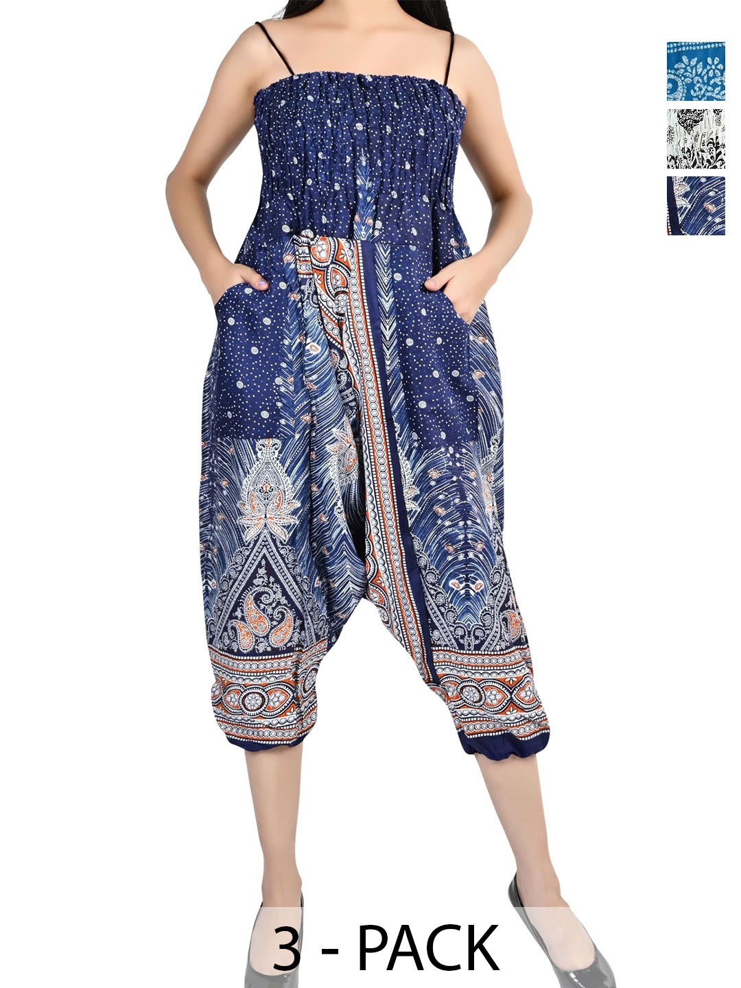 

NarNari Pack Of 3 Printed Loose-Fit Harem Pants, Navy blue