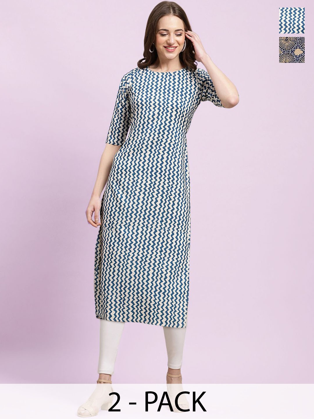 

Moda Rapido White & Navy Blue Selection Of 2 Geometric Printed Straight Kurtas