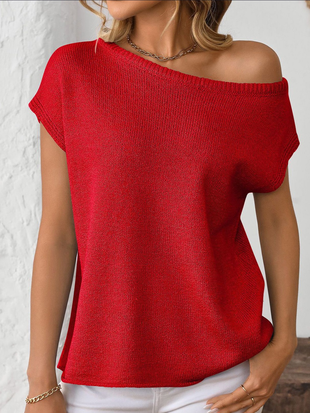 

StyleCast x Revolte Women Self Design Off-Shoulder Top, Red