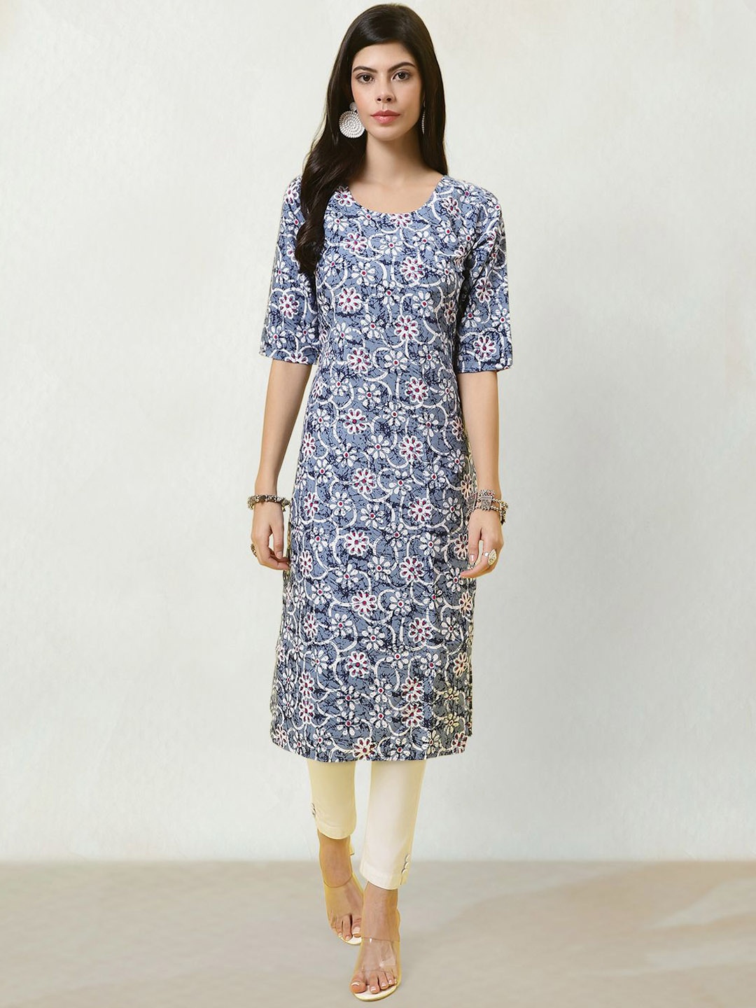 

Moda Rapido Floral Printed Round Neck Straight Kurta, Blue