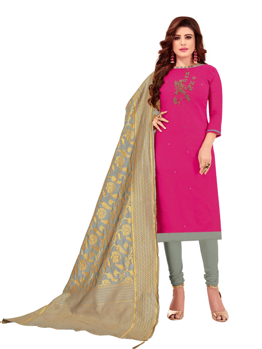 

HERE&NOW Floral Embroidered Beads And Stones Unstitched Dress Material, Pink