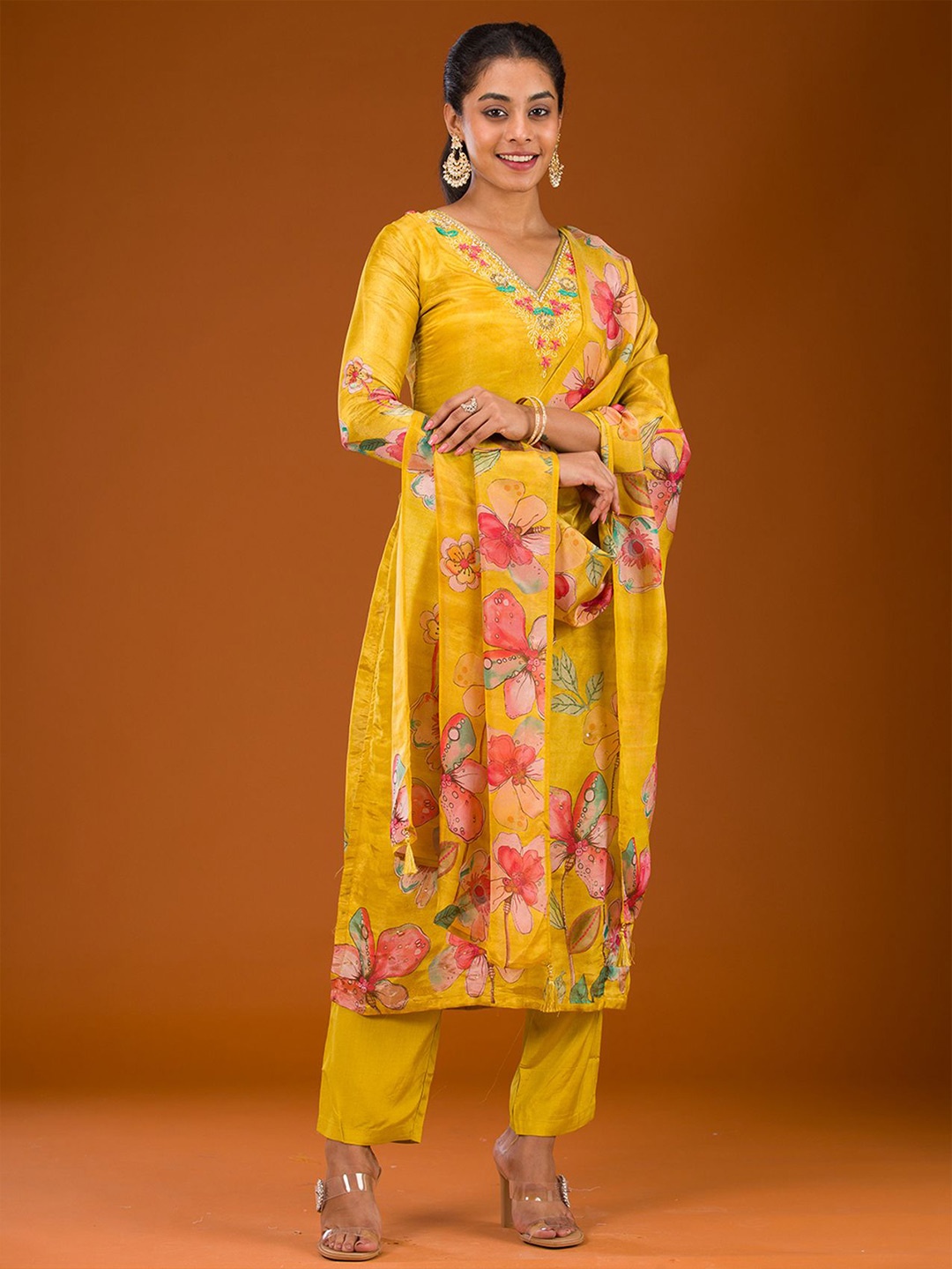 

Koskii Floral Printed Sequinned Straight Kurta with Trousers & Dupatta, Yellow