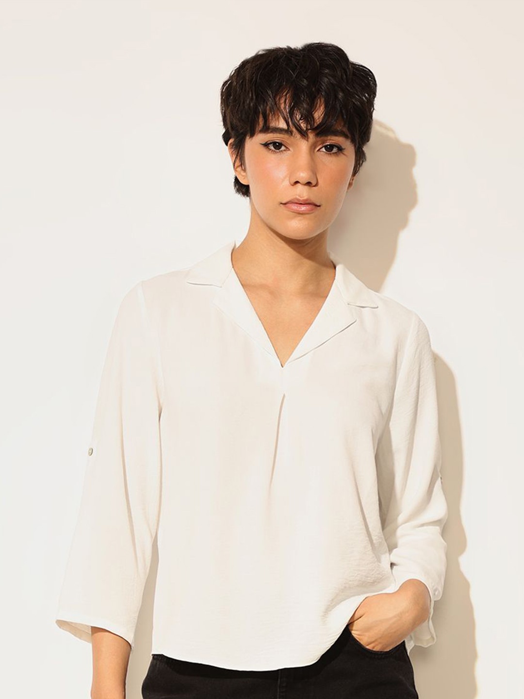 

ONLY Women Lapel Collar Roll-Up Sleeves Shirt Style Top, White