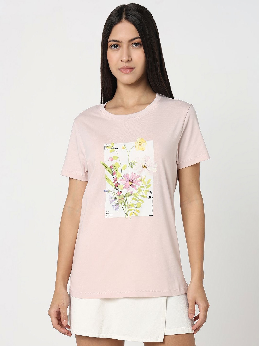 

R&B Women Floral Printed Round Neck Cotton T-shirt, Pink