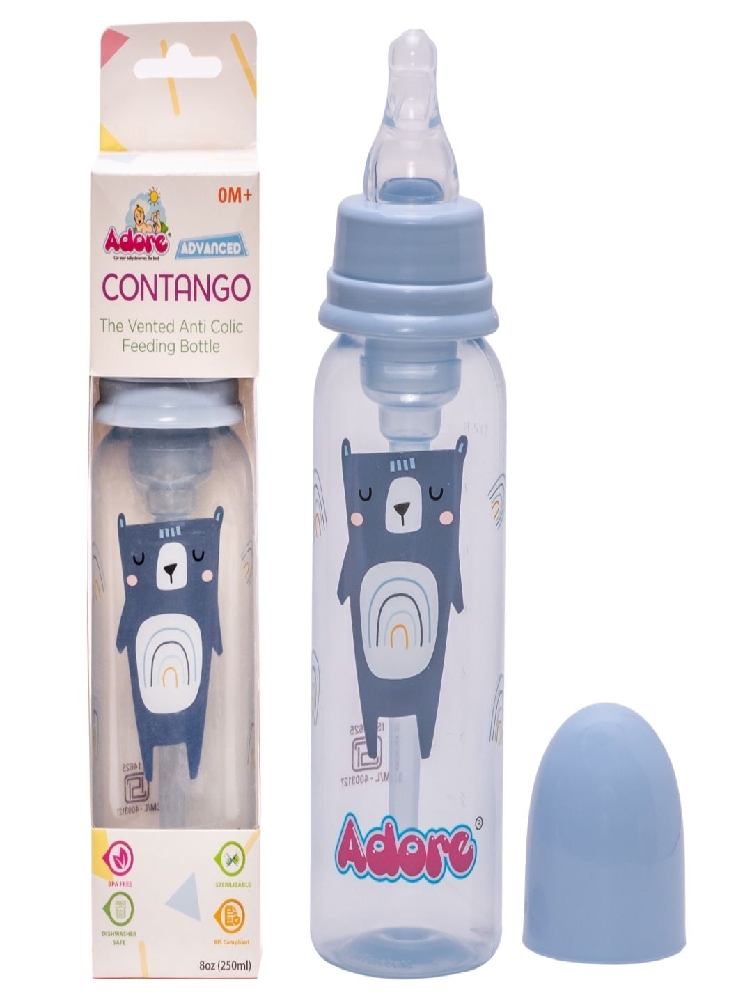 

Adore Blue & Transparent Kids Ventilated Anti-Colic Stem Baby Feeding Bottle- 250ml