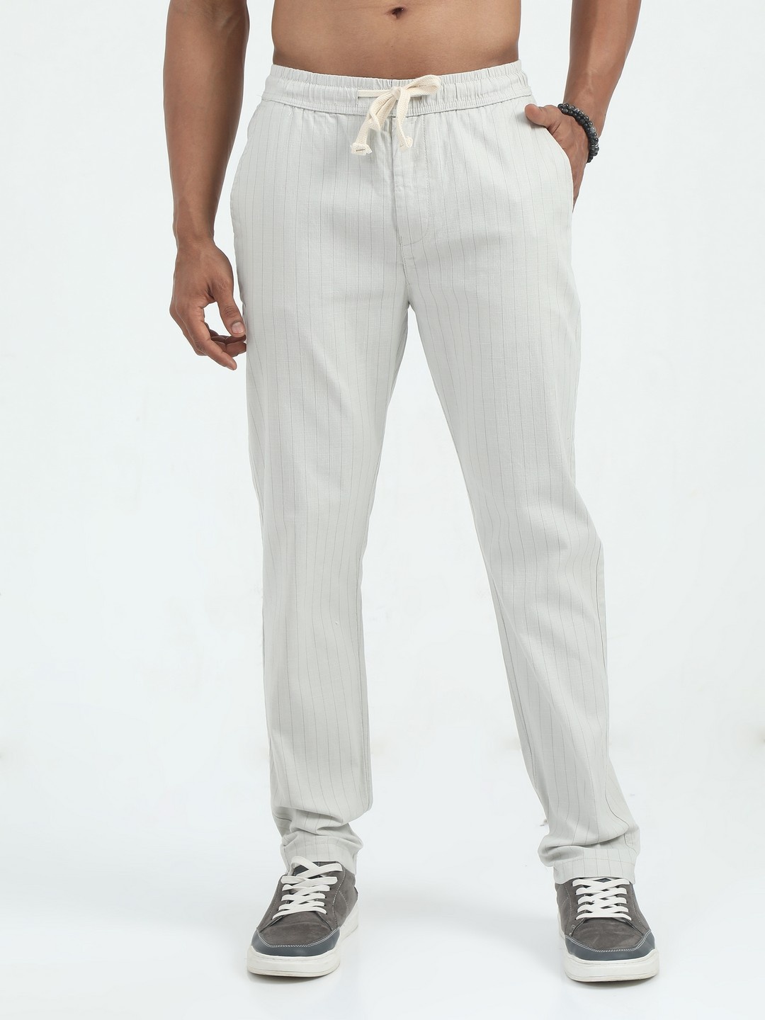 

NEVER NEUD Men Relaxed Air Linen Summer Stripes Trousers, Grey