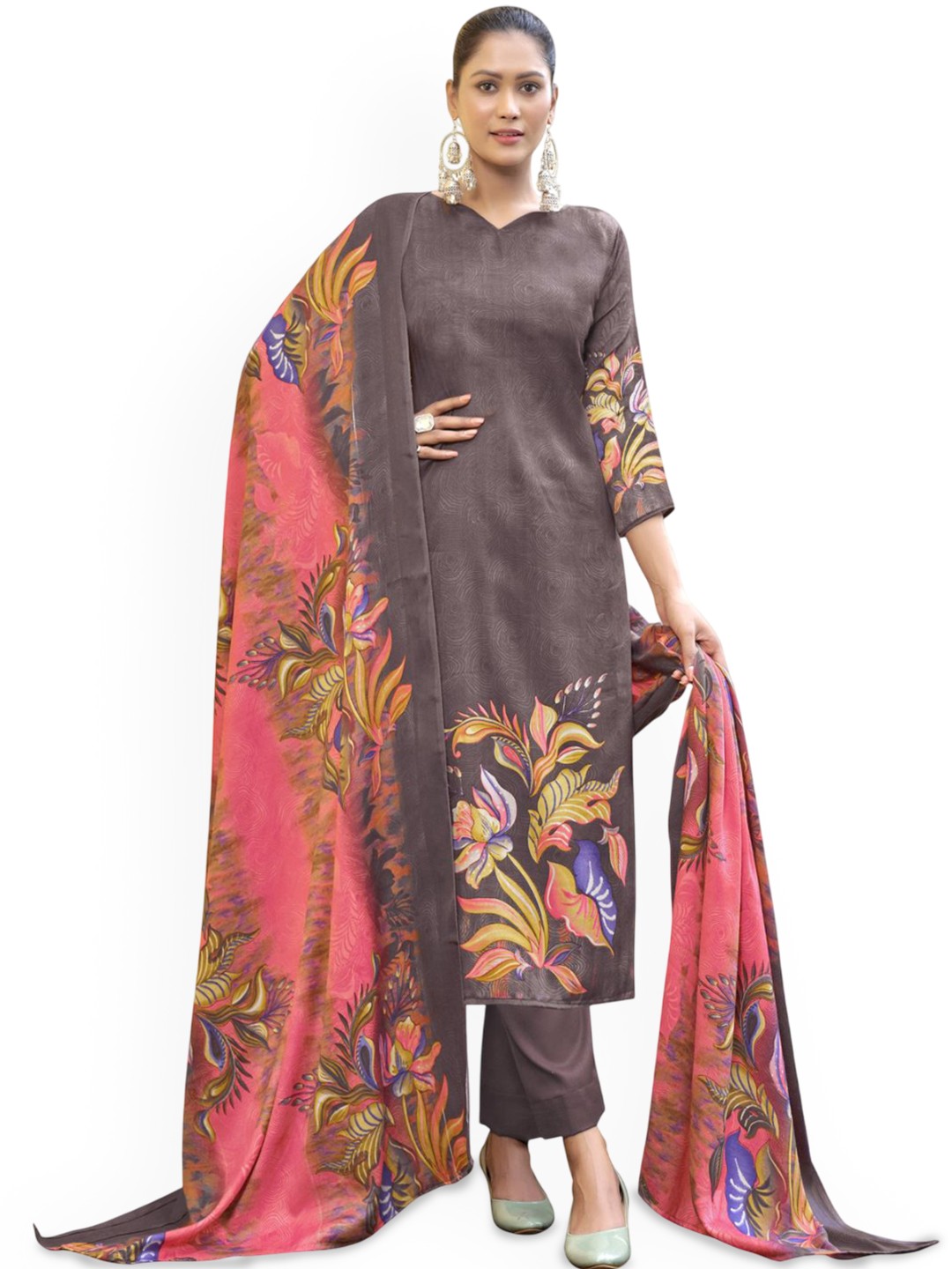 

DRAVINAM Trends Floral Printed Unstitched Dress Material, Brown