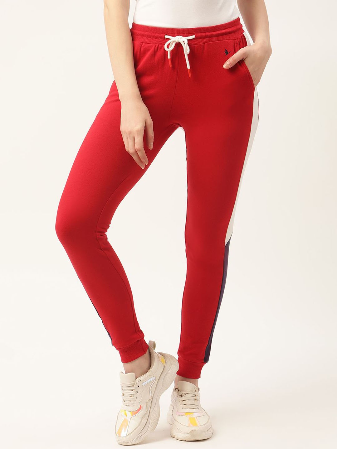 

AMSWAN Women Colourblocked Cotton Mid Rise Joggers, Red