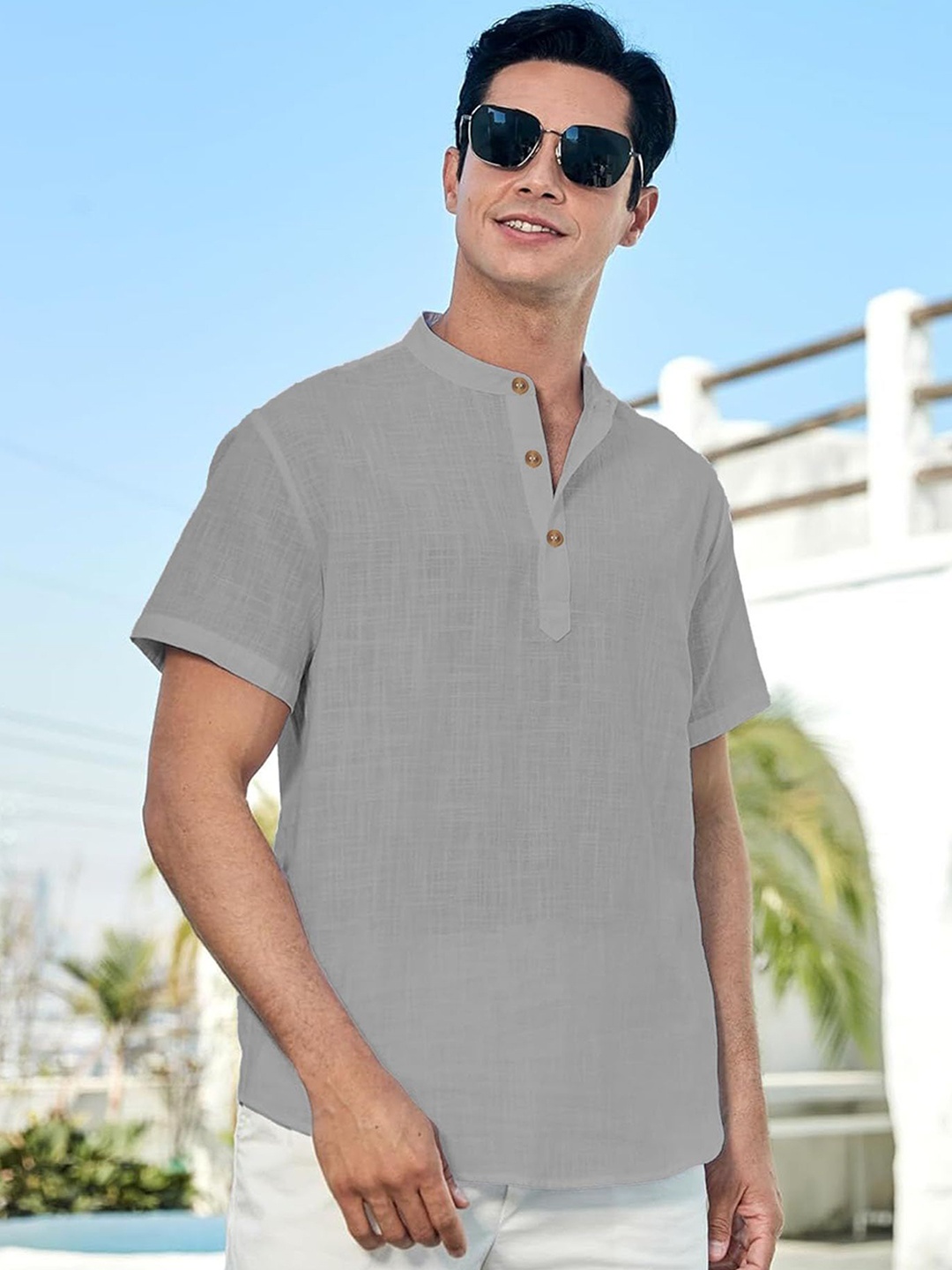 

Vida Loca Band Collar Cotton Straight Kurta, Grey