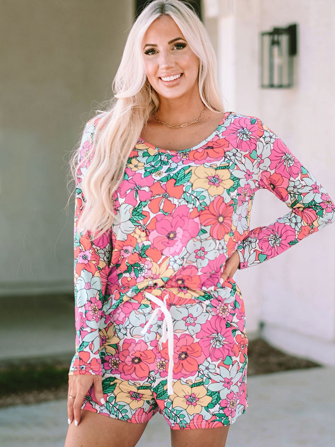 

Errabelly Floral Printed Long Sleeves T-Shirt With Shorts, Pink
